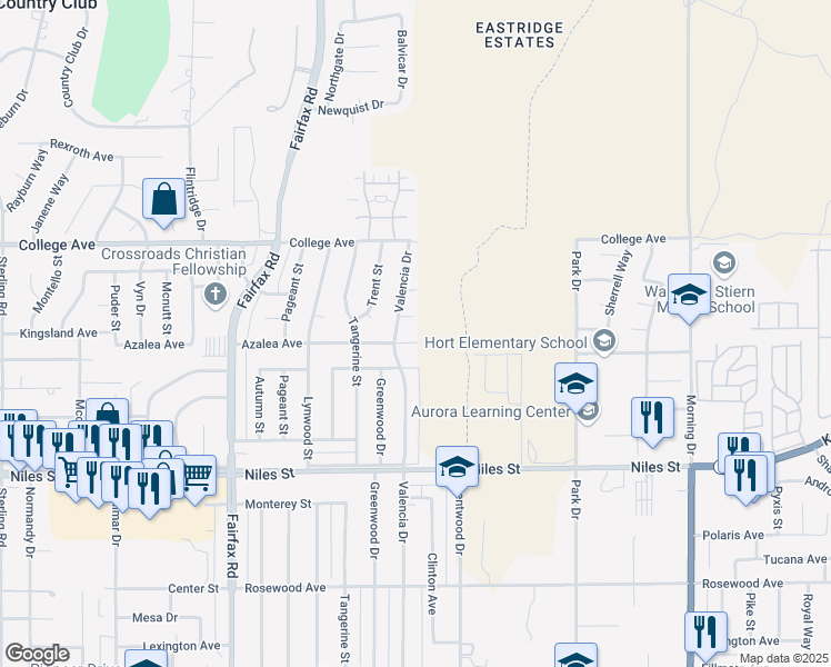 map of restaurants, bars, coffee shops, grocery stores, and more near 7112 Azalea Avenue in Bakersfield