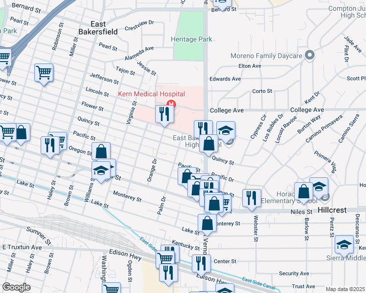 map of restaurants, bars, coffee shops, grocery stores, and more near 2002 Quincy Street in Bakersfield