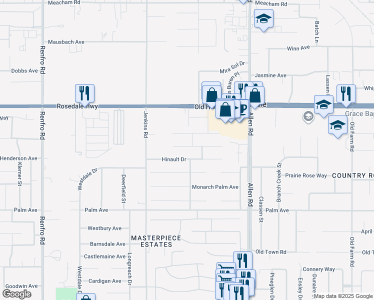 map of restaurants, bars, coffee shops, grocery stores, and more near 13407 Giro Drive in Bakersfield