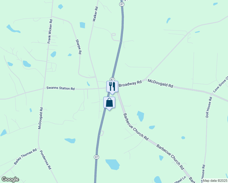 map of restaurants, bars, coffee shops, grocery stores, and more near 5250 North Carolina 87 in Sanford