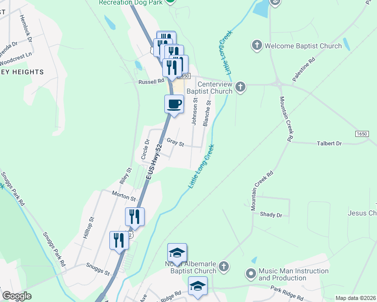 map of restaurants, bars, coffee shops, grocery stores, and more near 1695 Johnson Street in Albemarle