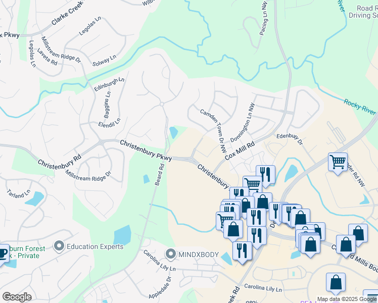 map of restaurants, bars, coffee shops, grocery stores, and more near 9620 Christenbury Parkway in Concord