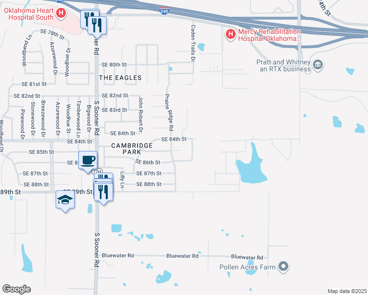 map of restaurants, bars, coffee shops, grocery stores, and more near 6115 Southeast 85th Street in Oklahoma City