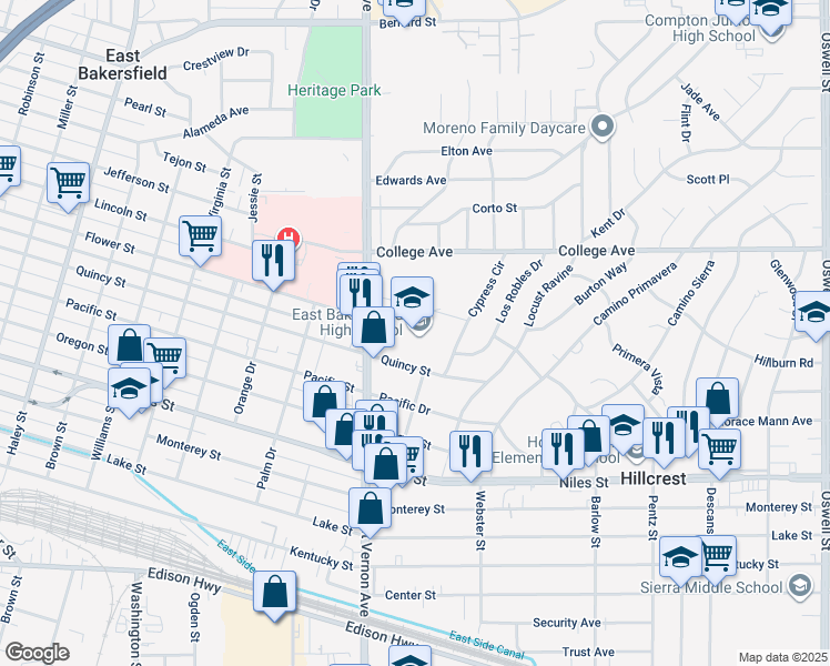 map of restaurants, bars, coffee shops, grocery stores, and more near 2200 Quincy Street in Bakersfield