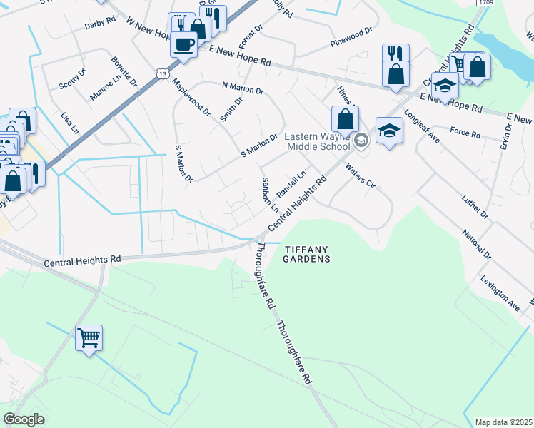 map of restaurants, bars, coffee shops, grocery stores, and more near 202 Randall Ln in Goldsboro