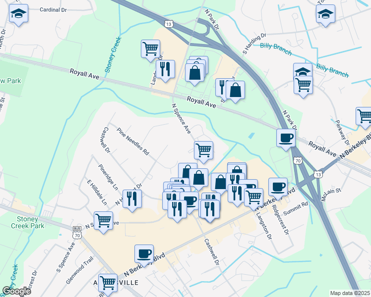 map of restaurants, bars, coffee shops, grocery stores, and more near 721 North Spence Avenue in Goldsboro