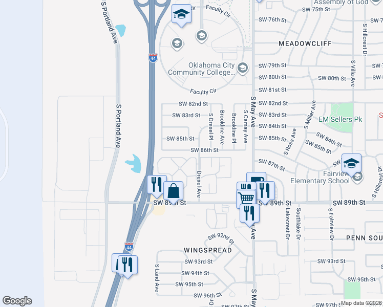map of restaurants, bars, coffee shops, grocery stores, and more near 3104 Southwest 86th Street in Oklahoma City