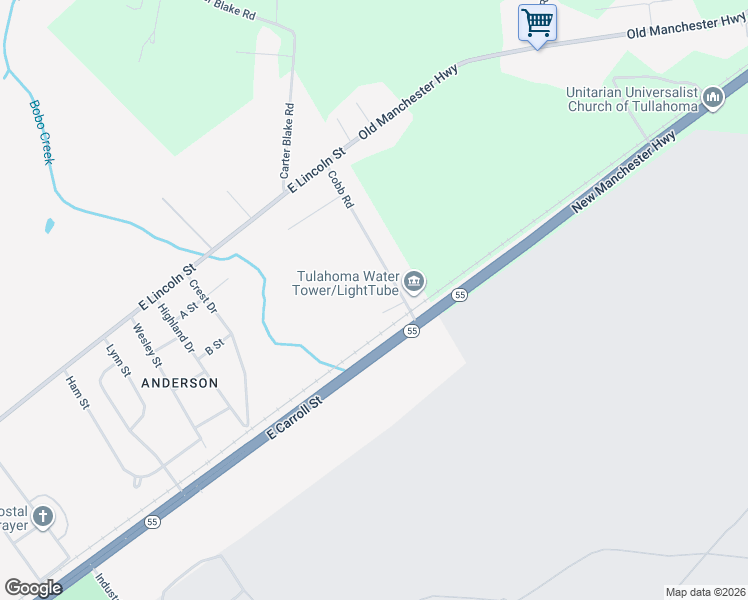 map of restaurants, bars, coffee shops, grocery stores, and more near 308 Cobb Road in Tullahoma