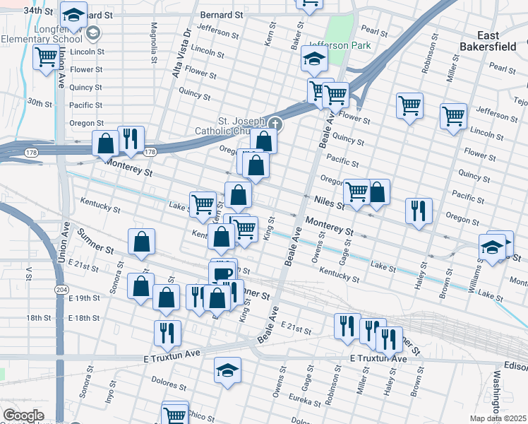 map of restaurants, bars, coffee shops, grocery stores, and more near 721 Monterey Street in Bakersfield