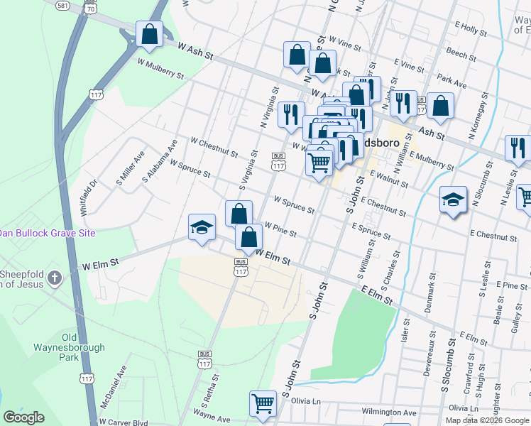 map of restaurants, bars, coffee shops, grocery stores, and more near 312 South George Street in Goldsboro