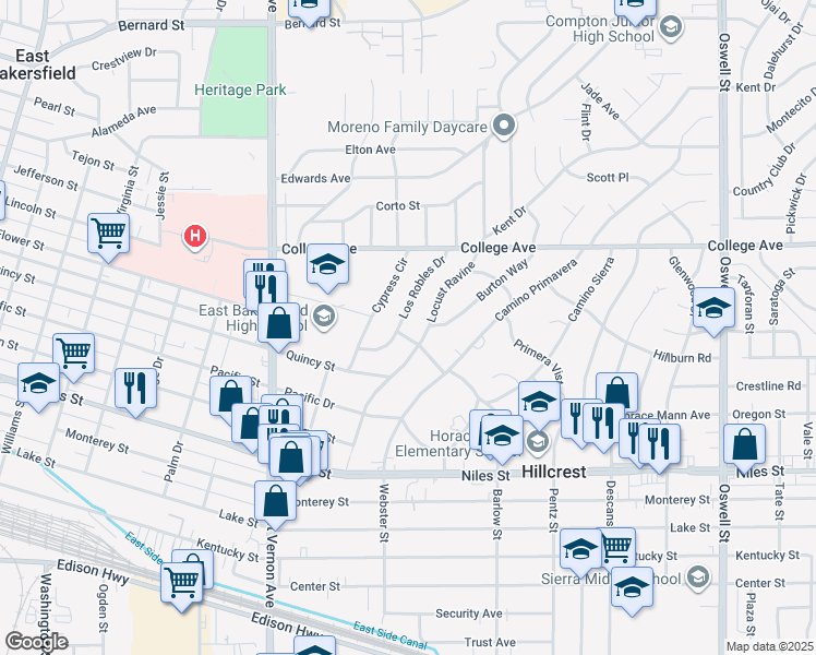 map of restaurants, bars, coffee shops, grocery stores, and more near 1705 Los Robles Drive in Bakersfield