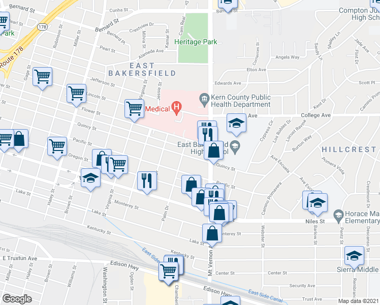 map of restaurants, bars, coffee shops, grocery stores, and more near 2002 Quincy Street in Bakersfield