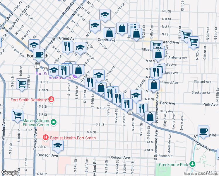 map of restaurants, bars, coffee shops, grocery stores, and more near 2014 North C Street in Fort Smith