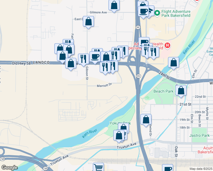 map of restaurants, bars, coffee shops, grocery stores, and more near 3601 Marriott Drive in Bakersfield