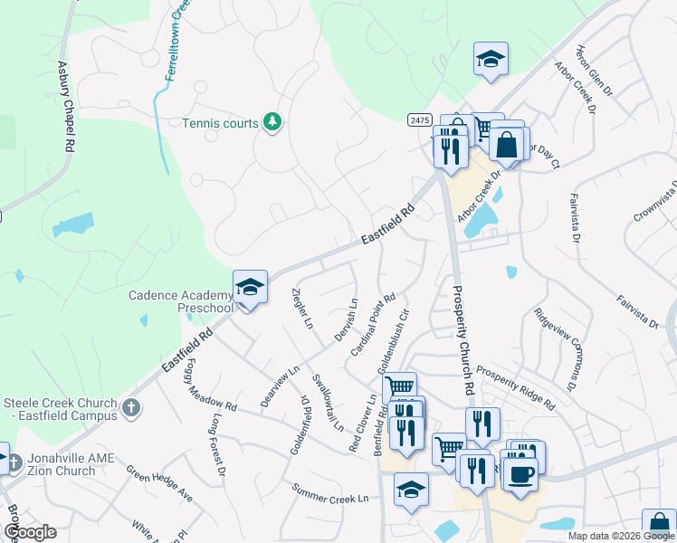 map of restaurants, bars, coffee shops, grocery stores, and more near 6618 Ziegler Lane in Charlotte