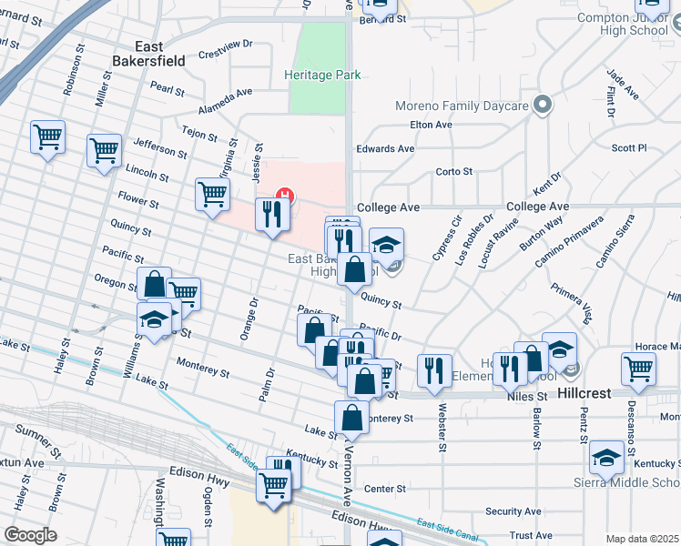 map of restaurants, bars, coffee shops, grocery stores, and more near 1606 Mount Vernon Avenue in Bakersfield