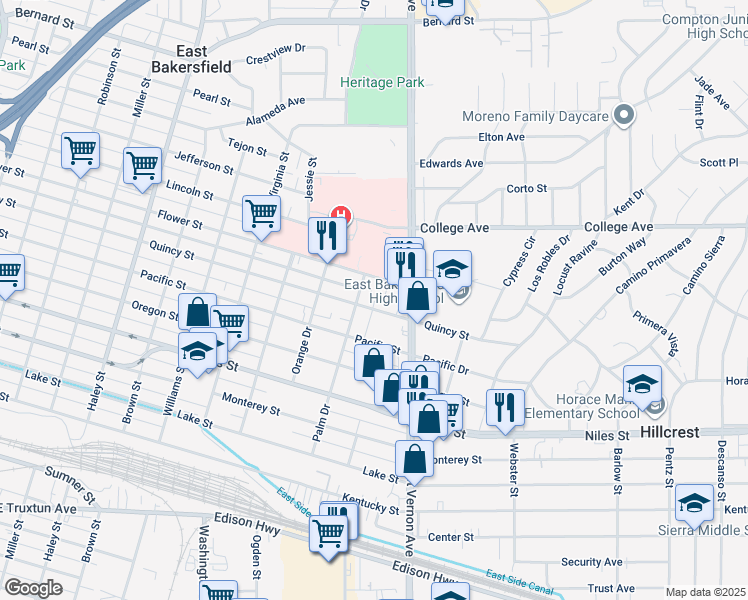 map of restaurants, bars, coffee shops, grocery stores, and more near 2006 Quincy Street in Bakersfield