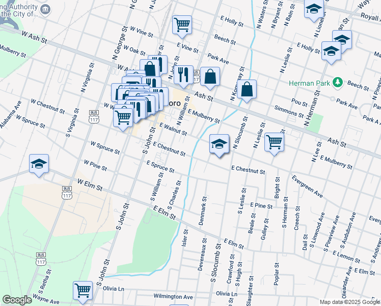 map of restaurants, bars, coffee shops, grocery stores, and more near 317 East Chestnut Street in Goldsboro