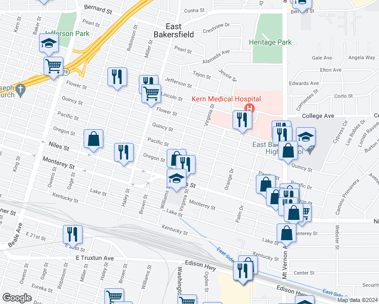 map of restaurants, bars, coffee shops, grocery stores, and more near 1620 Pacific St in Bakersfield
