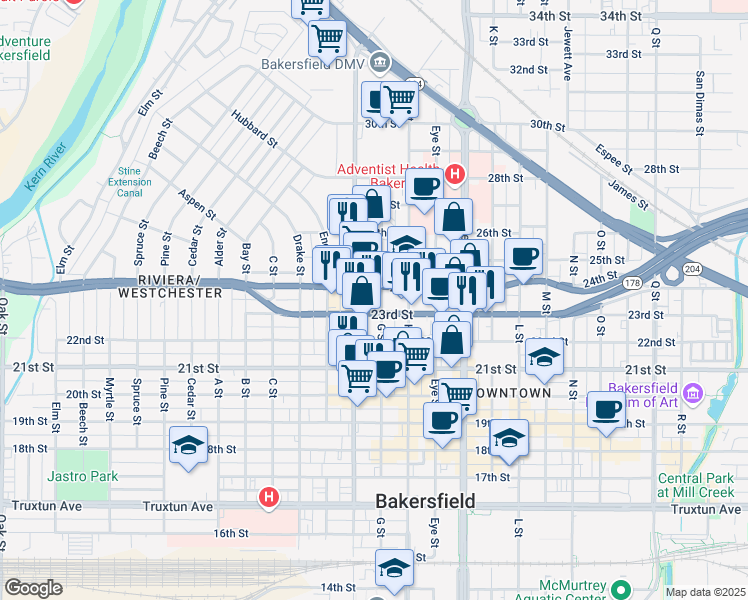 map of restaurants, bars, coffee shops, grocery stores, and more near 1711 24th Street in Bakersfield