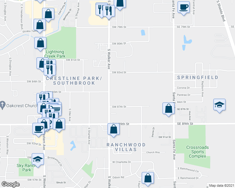 map of restaurants, bars, coffee shops, grocery stores, and more near 8612 South Walker Avenue in Oklahoma City