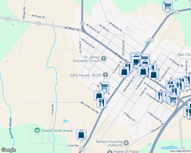 map of restaurants, bars, coffee shops, grocery stores, and more near 401 Cliff Court in Benson