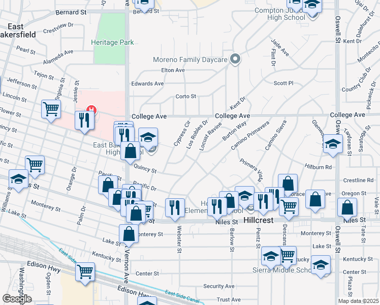 map of restaurants, bars, coffee shops, grocery stores, and more near 1705 Los Robles Drive in Bakersfield