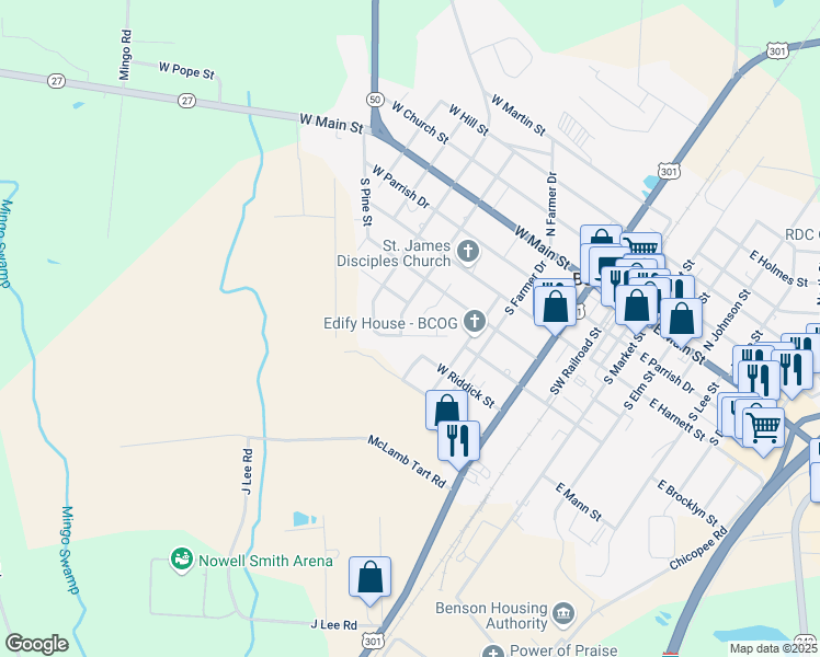 map of restaurants, bars, coffee shops, grocery stores, and more near 507 South McLamb Street in Benson