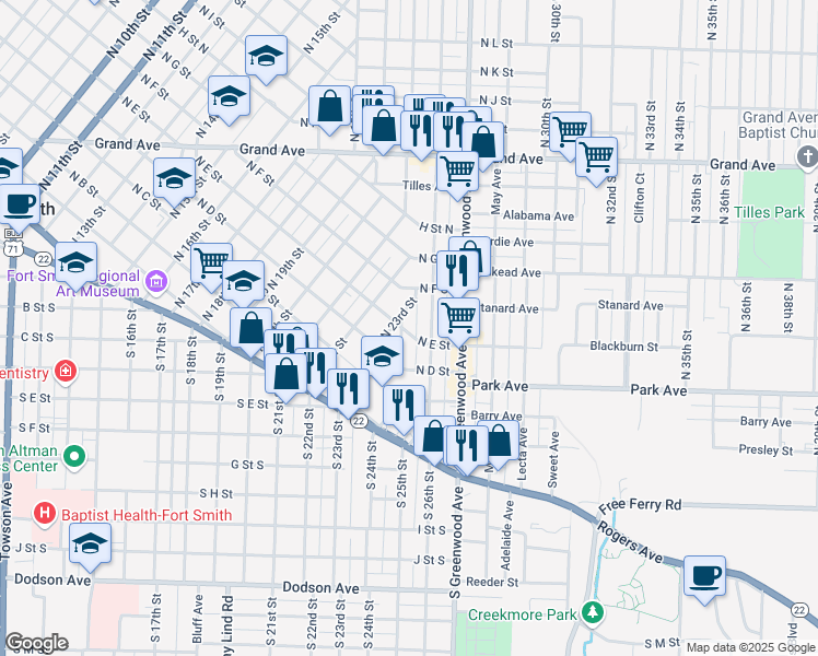 map of restaurants, bars, coffee shops, grocery stores, and more near 502 North 25th Street in Fort Smith