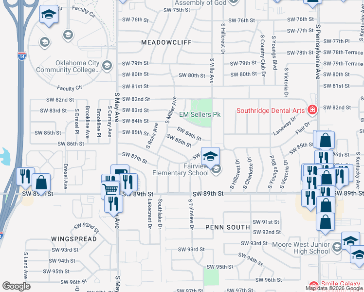 map of restaurants, bars, coffee shops, grocery stores, and more near 2636 Southwest 85th Street in Oklahoma City
