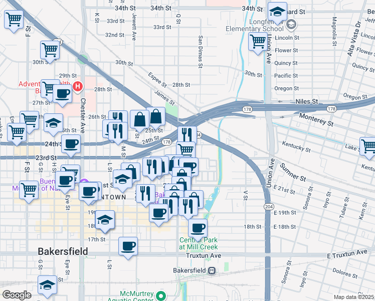 map of restaurants, bars, coffee shops, grocery stores, and more near 2317 R Street in Bakersfield