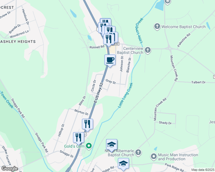 map of restaurants, bars, coffee shops, grocery stores, and more near 1611 Almond Street in Albemarle