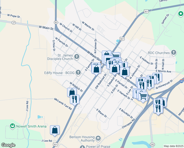 map of restaurants, bars, coffee shops, grocery stores, and more near 205 West Harnett Street in Benson