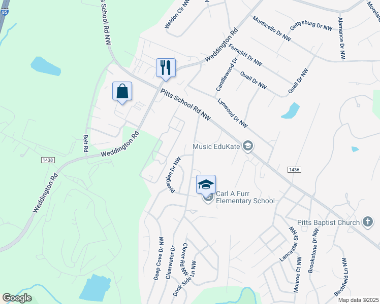 map of restaurants, bars, coffee shops, grocery stores, and more near 406 Riverglen Drive Northwest in Concord