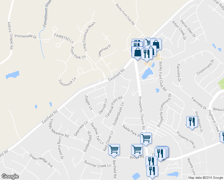 map of restaurants, bars, coffee shops, grocery stores, and more near 6701 Sweetfield Drive in Charlotte