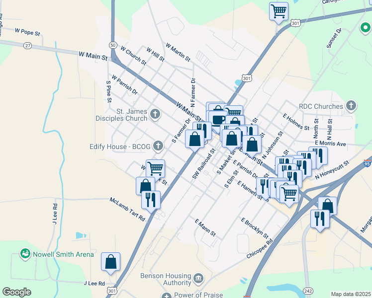 map of restaurants, bars, coffee shops, grocery stores, and more near 205 West Harnett Street in Benson