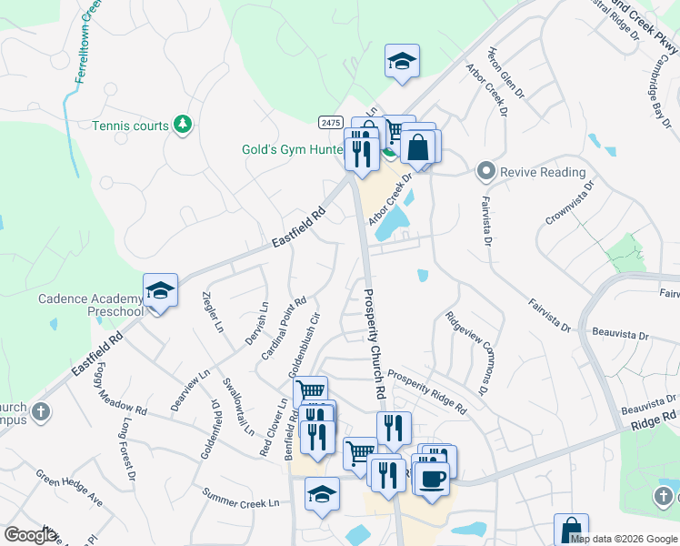 map of restaurants, bars, coffee shops, grocery stores, and more near 12640 Cardinal Point Road in Charlotte