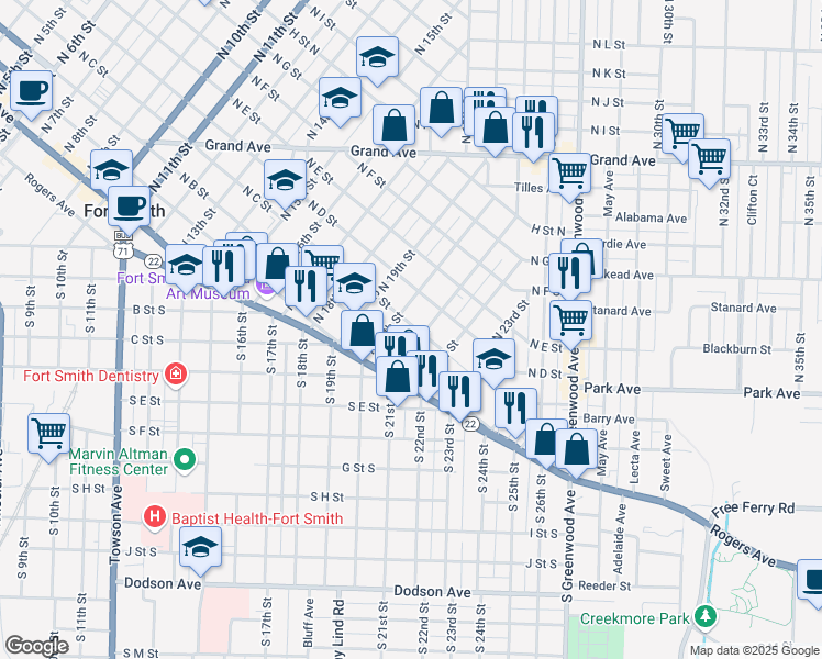 map of restaurants, bars, coffee shops, grocery stores, and more near 2014 North C Street in Fort Smith