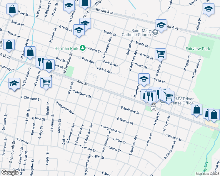 map of restaurants, bars, coffee shops, grocery stores, and more near 1307 East Ash Street in Goldsboro