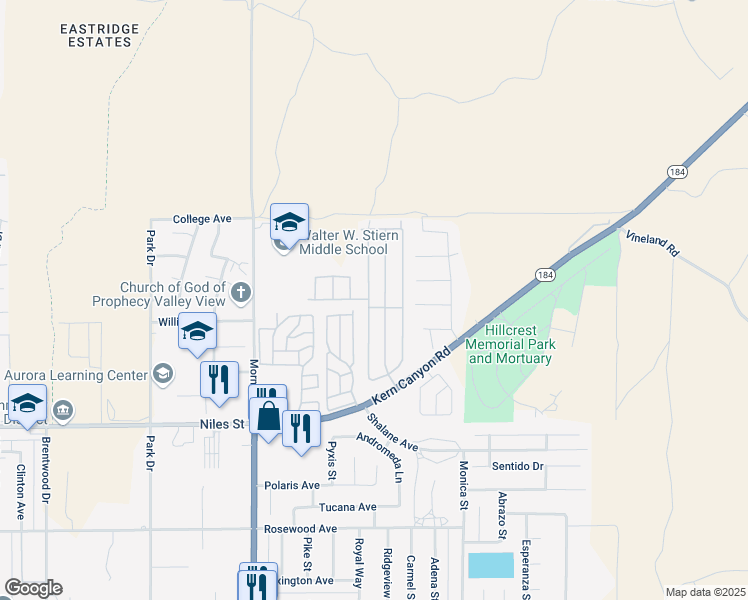 map of restaurants, bars, coffee shops, grocery stores, and more near 8536 Kern Canyon Road in Bakersfield