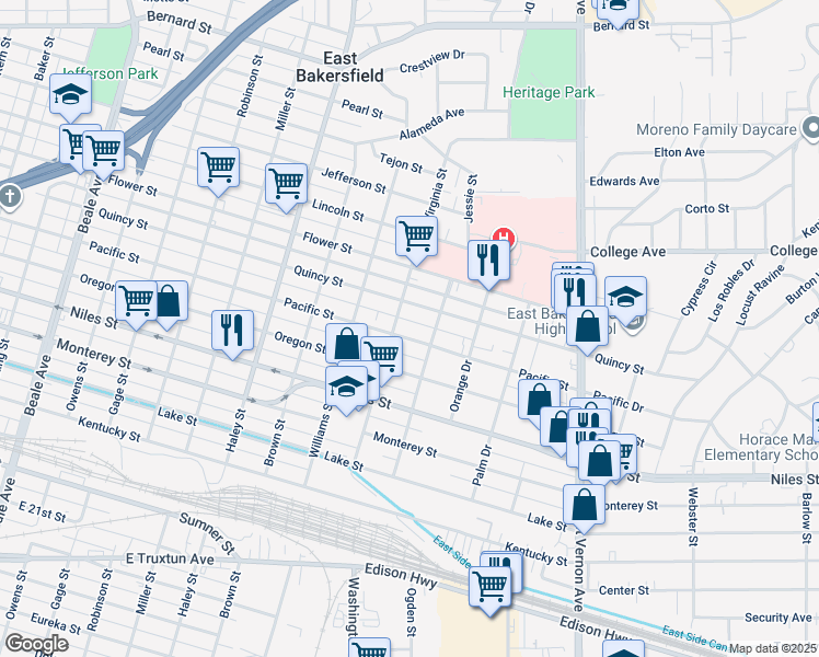 map of restaurants, bars, coffee shops, grocery stores, and more near 1708 Pacific Street in Bakersfield
