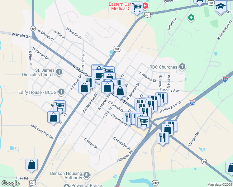 map of restaurants, bars, coffee shops, grocery stores, and more near 215 East Main Street in Benson