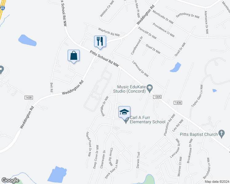 map of restaurants, bars, coffee shops, grocery stores, and more near 406 Riverglen Drive Northwest in Concord