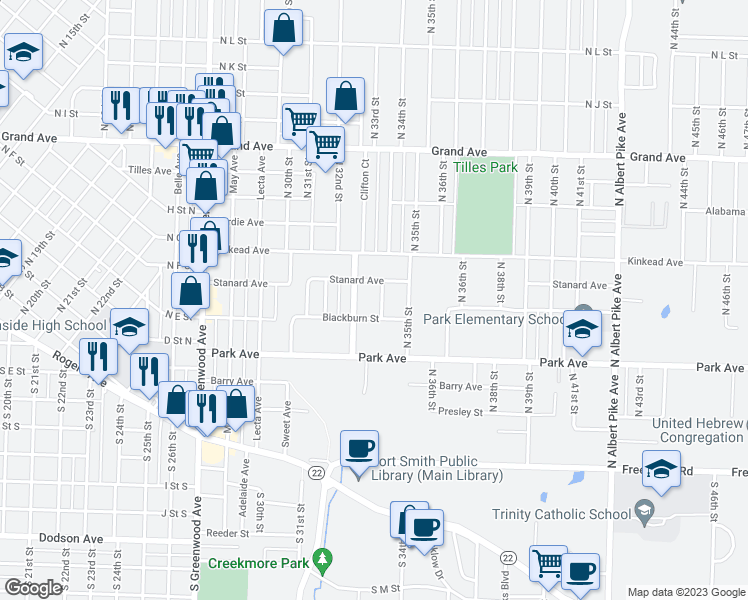 map of restaurants, bars, coffee shops, grocery stores, and more near 515 North 34th Street in Fort Smith