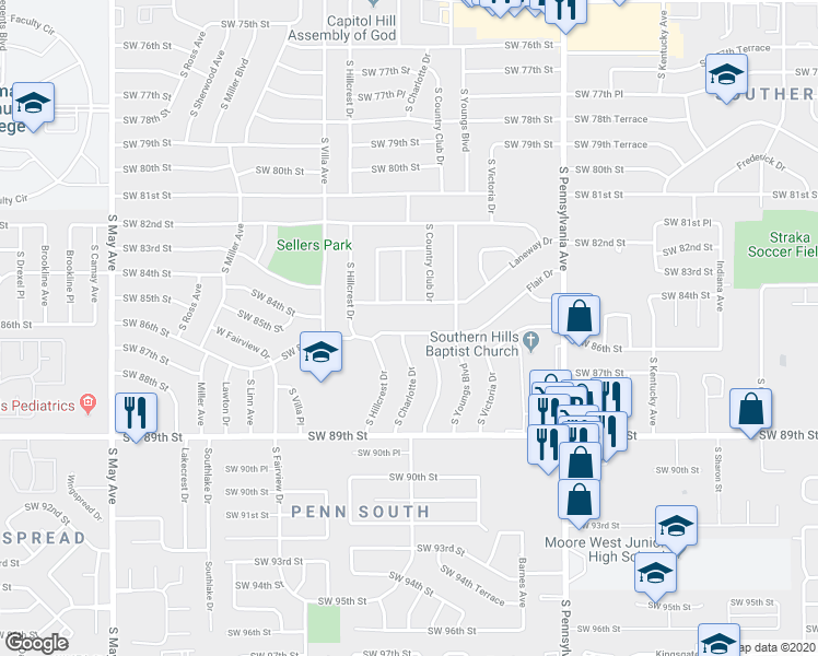 map of restaurants, bars, coffee shops, grocery stores, and more near 2329 Flair Drive in Oklahoma City