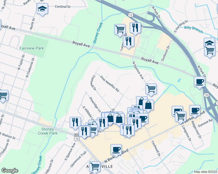 map of restaurants, bars, coffee shops, grocery stores, and more near 2400-2498 Pine Needles Road in Goldsboro
