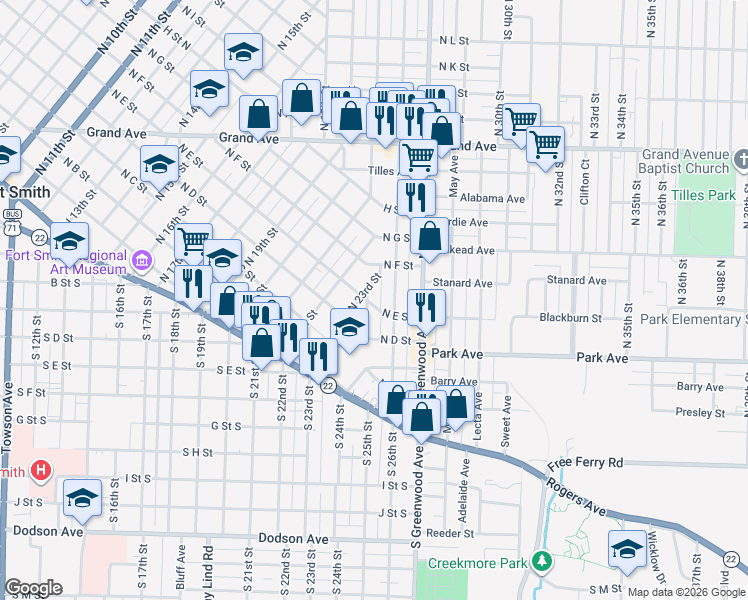 map of restaurants, bars, coffee shops, grocery stores, and more near 502 North 25th Street in Fort Smith