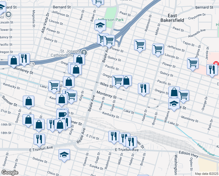 map of restaurants, bars, coffee shops, grocery stores, and more near 1003 Niles Street in Bakersfield