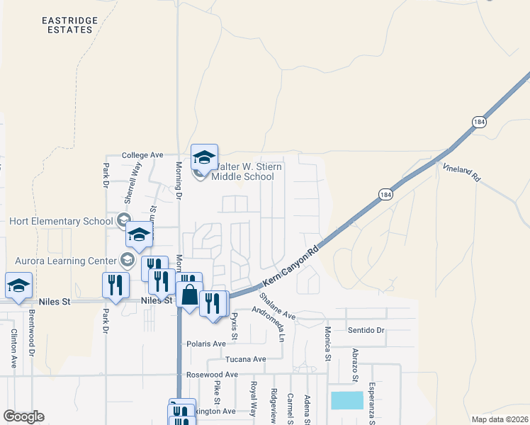 map of restaurants, bars, coffee shops, grocery stores, and more near 8536 Kern Canyon Road in Bakersfield