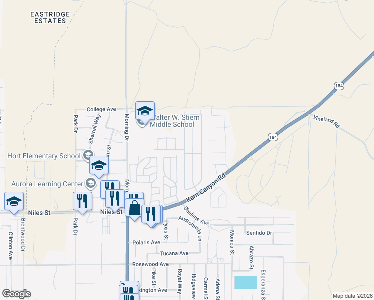 map of restaurants, bars, coffee shops, grocery stores, and more near 8536 Kern Canyon Road in Bakersfield